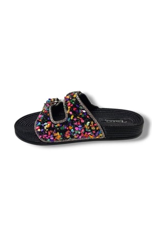 Pienn 20057-001 Anatomik Fashion Taşlı  Kadın Terlik Siyah Multi