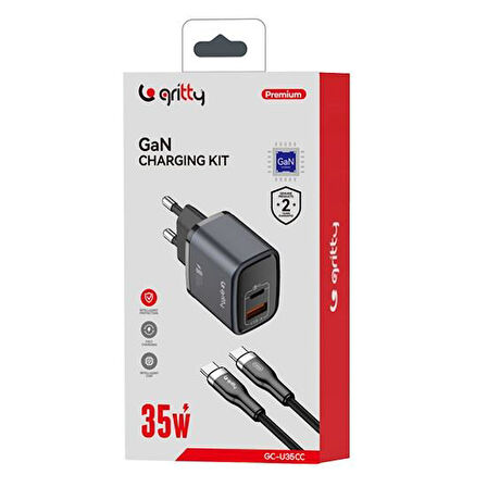 Gritty GAN 35W 2 Portlu USB-A Type-C PD Şarj Aleti Siyah+Type-C to Type-C Şarj Kablosu (GC-U35CC)