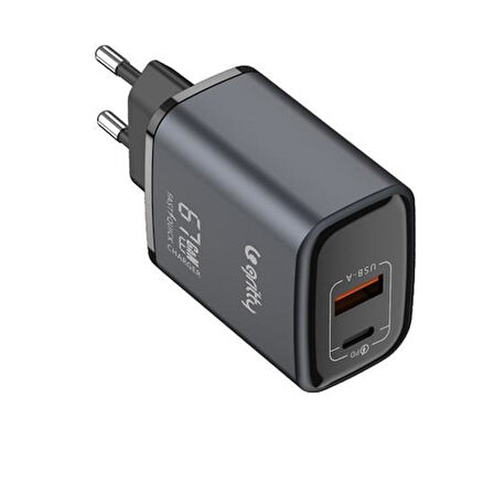 Gritty GAN 67W Notebook Şarjlı 2 Portlu USB-A Type-C PD Hızlı Şarj Adaptörü Siyah (GC-U67)  