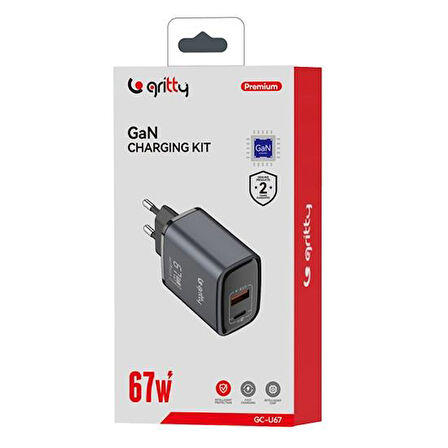 Gritty GAN 67W Notebook Şarjlı 2 Portlu USB-A Type-C PD Hızlı Şarj Adaptörü Siyah (GC-U67)  