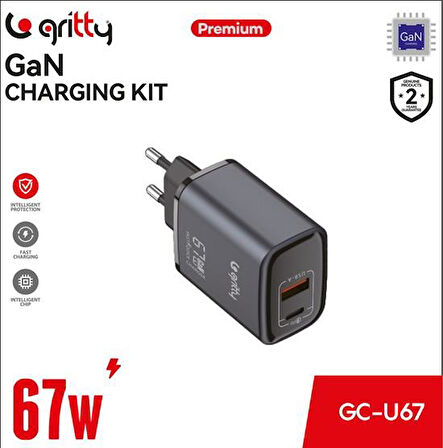 Gritty GAN 67W Notebook Şarjlı 2 Portlu USB-A Type-C PD Hızlı Şarj Adaptörü Siyah (GC-U67)  