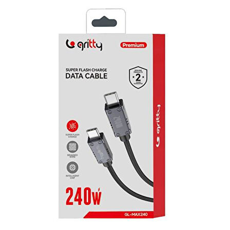 Gritty 240W Akım Korumalı Süper Hızlı Şarj Örgülü Type-C to Type-C Şarj kablosu 200cm Siyah (GL-MAX240)