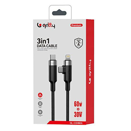 Gritty 60W+30W PD 3in1 Type-C to Type+Lightning 1m Şarj Kablosu Siyah (GL-COMB01)