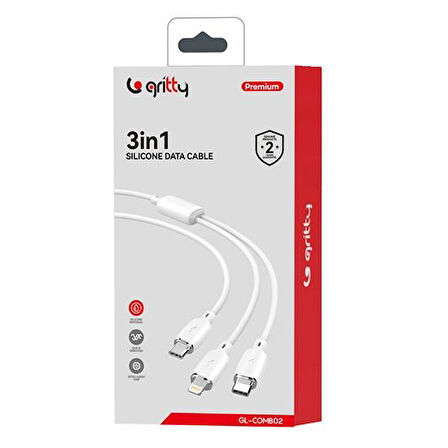 Gritty 60W+30W PD 3in1 Type-C to Type+Lightning 1.2 m Şarj Kablosu Beyaz (GL-COMB02)