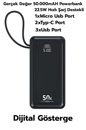 50.000mAh 22.5W Siyah LCD 1xMicro 2xTyp-C 3xUsb Port Taşınabilir Şarj Cihazı Powerbank Hp-255