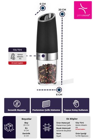 Gravity Paslanmaz Çelik Otomatik Tuz & Karabiber Öğütücü Pilli - Siyah