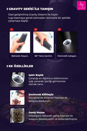 Gravity Paslanmaz Çelik Otomatik Tuz & Karabiber Öğütücü Pilli - Siyah