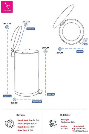 Primanova Çelik Çöp Kovası Bombe Kapak 40 Lt Inox M-E84-30-06