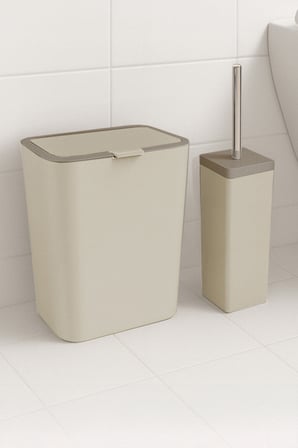 Primanova Flip 2'li Banyo Seti Çöp Kovası Tuvalet Fırçası Bej