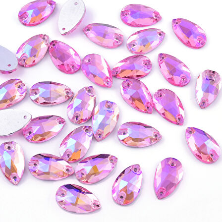 Gymo Premium Delikli Dikme Kristal Taş Teardrop 10.5*18mm P49 Light Pink AB (28 Ad)