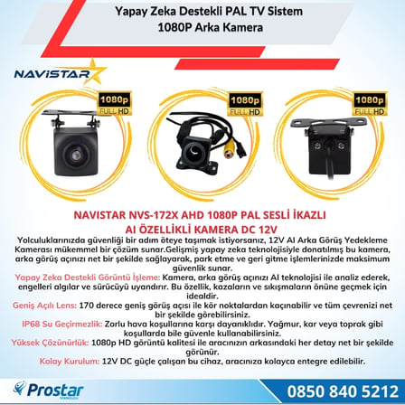 Navistar NVS-172X Yapay Zeka Destekli Arka Kamera AHD 1080p PAL Sesli İkazlı DC 12V