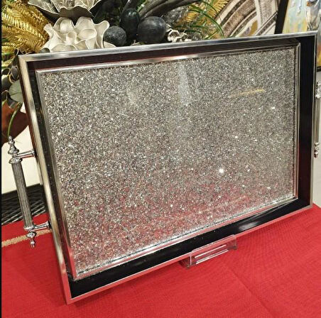 Sembol Simli Lux Sunum Tepsisi Siyah Gümüş 47x31 cm LUXTRAY-009