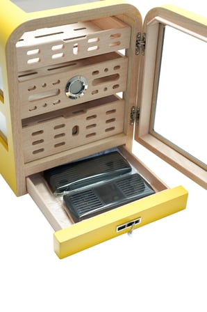 Cohiba 3 Çekmeceli Sarı Nokta Desenli Aksesuar Bölmeli Sedir Humidor Puro Kutusu - TR9649