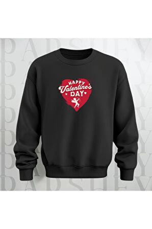 Happy Valentine's Day Kalp Desenli Oversize Bisiklet Yaka Sweatshirt 3 İplik Şardonlu