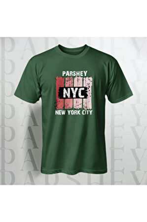 Erkek - Kadın %100 Pamuk New York City Parshey Baskılı Yarım Kollu Bisiklet Yaka T-Shirt