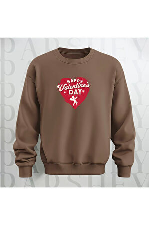 Happy Valentine's Day Kalp Desenli Oversize Bisiklet Yaka Sweatshirt 3 İplik Şardonlu