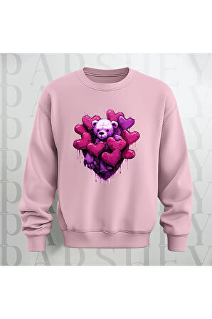 Love Teddy Deseni Baskılı Bisiklet Yaka Unisex Oversize Kalıp Sweatshirt 3 İplik Şardonlu