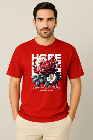 Erkek - Kadın %100 Pamuk Hope Gül Desenli Baskılı Yarım Kollu Bisiklet Yaka T-Shirt