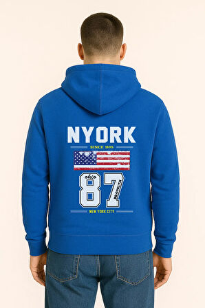 NYORK 87 Baskılı Oversize Hoodie – Amerikan Bayraklı Brooklyn New York City Kapüşonlu Sweatshirt