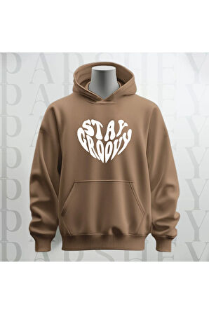 Stay Groovy Kalp Şekilli Baskılı Kapüşonlu Oversize Sweatshirt Hoodie Kalın Kumaş 3 İplik Şardonlu