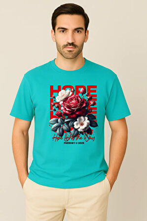 Erkek - Kadın %100 Pamuk Hope Gül Desenli Baskılı Yarım Kollu Bisiklet Yaka T-Shirt