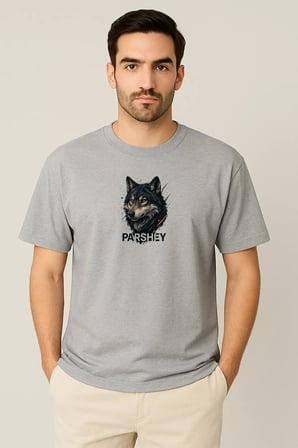 Erkek - Kadın Unisex Yarım Kollu Parshey Kurt Baskılı Bisiklet Yaka %100 Pamuk Oversize T-shirt
