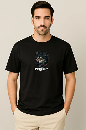 Erkek - Kadın Unisex Yarım Kollu Parshey Kurt Baskılı Bisiklet Yaka %100 Pamuk Oversize T-shirt