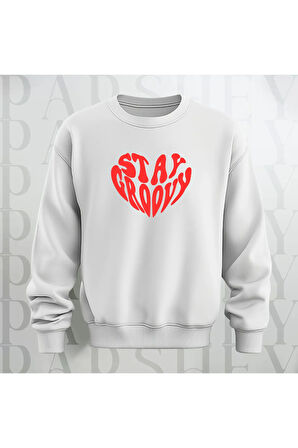 Stay Groovy Kalp Şekilli Baskılı Kalın Kumaş 3 İplik Oversize Unisex Bisiklet Yaka Sweatshirt
