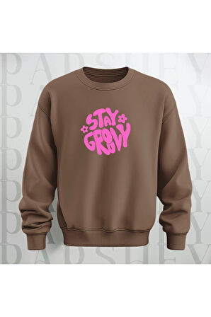 Stay Groovy Göğüs Baskılı Kalın Kumaş 3 İplik Şardonlu Oversize Unisex Bisiklet Yaka Sweatshirt