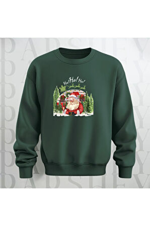 Noel Baba Ho Ho Ho! Baskılı Bisiklet Yaka Unisex Kalın Kumaş Oversize Sweatshirt 3 İplik Şardonlu
