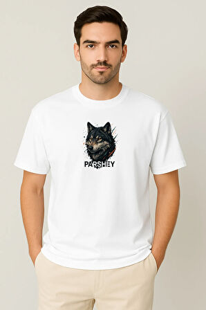 Erkek - Kadın Unisex Yarım Kollu Parshey Kurt Baskılı Bisiklet Yaka %100 Pamuk Oversize T-shirt
