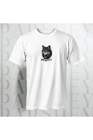 Erkek - Kadın Unisex Yarım Kollu Parshey Kurt Baskılı Bisiklet Yaka %100 Pamuk Oversize T-shirt