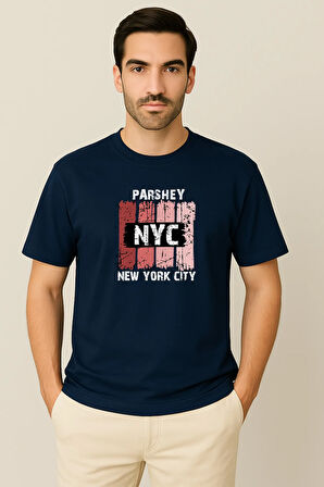 Erkek - Kadın %100 Pamuk New York City Parshey Baskılı Yarım Kollu Bisiklet Yaka T-Shirt