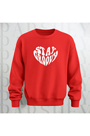 Stay Groovy Kalp Şekilli Baskılı Kalın Kumaş 3 İplik Oversize Unisex Bisiklet Yaka Sweatshirt