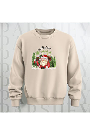 Noel Baba Ho Ho Ho! Baskılı Bisiklet Yaka Unisex Kalın Kumaş Oversize Sweatshirt 3 İplik Şardonlu