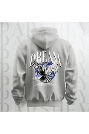 Dream Kanatlı Kuş Sırt Baskılı Kapüşonlu Oversize Sweatshirt Hoodie Kalın Kumaş 3 İplik Şardonlu