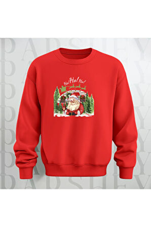Noel Baba Ho Ho Ho! Baskılı Bisiklet Yaka Unisex Kalın Kumaş Oversize Sweatshirt 3 İplik Şardonlu