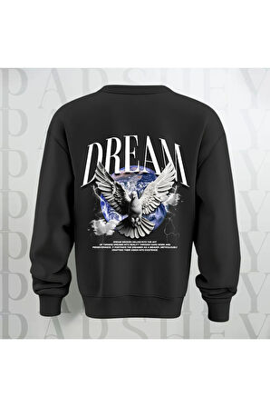 Dream Kuş Desenli Sırt Baskılı 3 İplik Şardonlu Oversize Unisex Bisiklet Yaka Sweatshirt