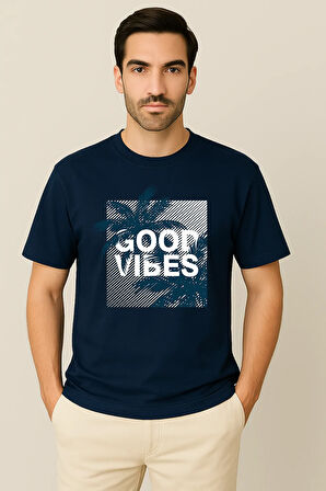 Erkek - Kadın %100 Pamuk Good Vibes Palmiye Desenli Baskılı Yarım Kollu Bisiklet Yaka T-Shirt