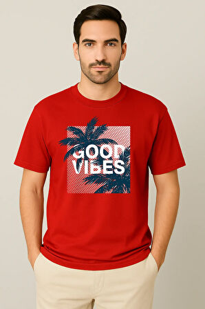 Erkek - Kadın %100 Pamuk Good Vibes Palmiye Desenli Baskılı Yarım Kollu Bisiklet Yaka T-Shirt