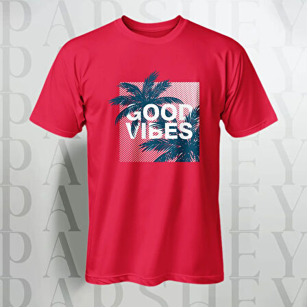 Erkek - Kadın %100 Pamuk Good Vibes Palmiye Desenli Baskılı Yarım Kollu Bisiklet Yaka T-Shirt