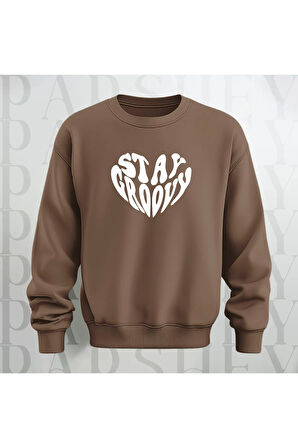 Stay Groovy Kalp Şekilli Baskılı Kalın Kumaş 3 İplik Oversize Unisex Bisiklet Yaka Sweatshirt