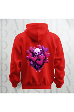 Love Teddy Deseni Baskılı Kapüşonlu Sweatshirt Hoodie Yünlü Kalın Kumaş 3 İplik Şardonlu