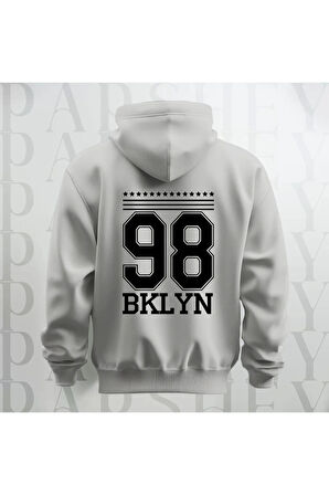 98 Brooklyn Baskılı Kapüşonlu Sweatshirt Hoodie Yünlü Kalın Kumaş 3 İplik Şardonlu