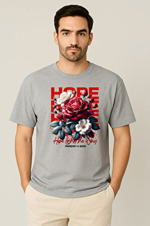 Erkek - Kadın %100 Pamuk Hope Gül Desenli Baskılı Yarım Kollu Bisiklet Yaka T-Shirt