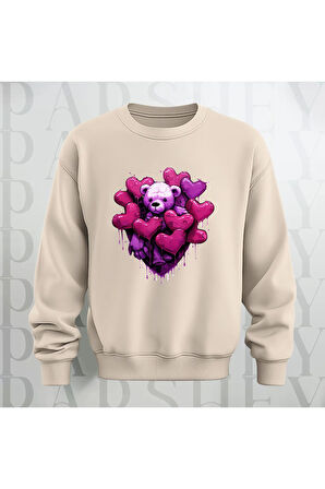 Love Teddy Deseni Baskılı Bisiklet Yaka Unisex Oversize Kalıp Sweatshirt 3 İplik Şardonlu