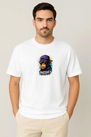 Erkek - Kadın Unisex Graffiti Maymun Baskılı Yarım Kollu Bisiklet Yaka %100 Pamuk Oversize T-shirt