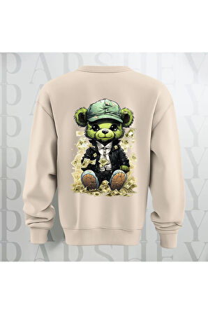 Zengin Teddy Sırt Baskılı Bisiklet Yaka Sweatshirt 3 İplik Şardonlu Oversize Kalıp Unisex