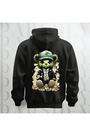 Paralı Teddy Sırt Baskılı Kapüşonlu Unisex Oversize Sweatshirt Hoodie Kalın Kumaş 3 İplik Şardonlu