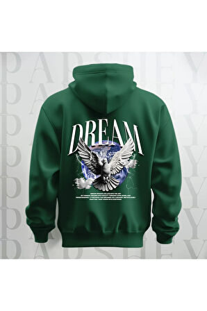 Dream Kanatlı Kuş Sırt Baskılı Kapüşonlu Oversize Sweatshirt Hoodie Kalın Kumaş 3 İplik Şardonlu